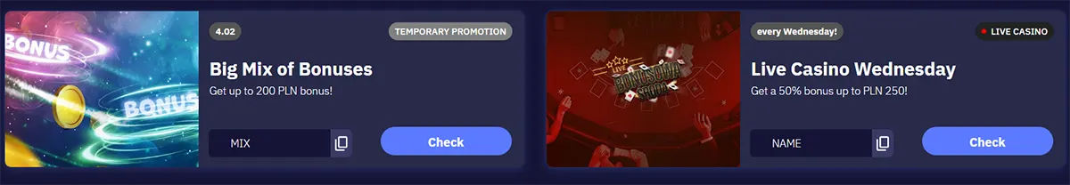 Two dark-themed temporary promotion cards showing “Big Mix of Bonuses” (up to 200 PLN bonus) and “Live Casino Wednesday” (50% up to PLN 250), each with a “Check” button and small tag labels.